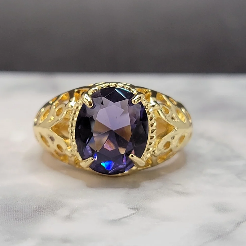 Gold Tone Simulated Purple Gemstone Butterfly Filigree Ring
